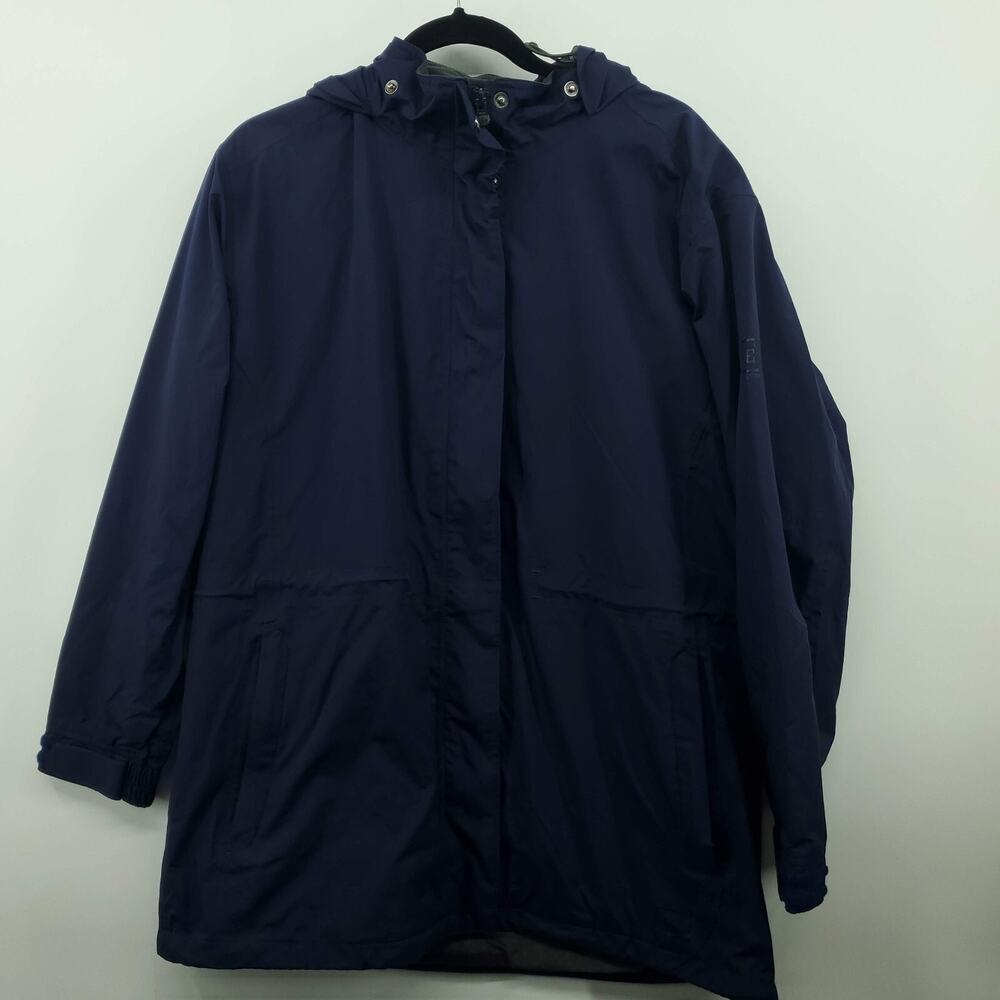 REI Windbreaker Jacket Women XL Navy Blue Lined Nylon Hooded Full Zip Button Up